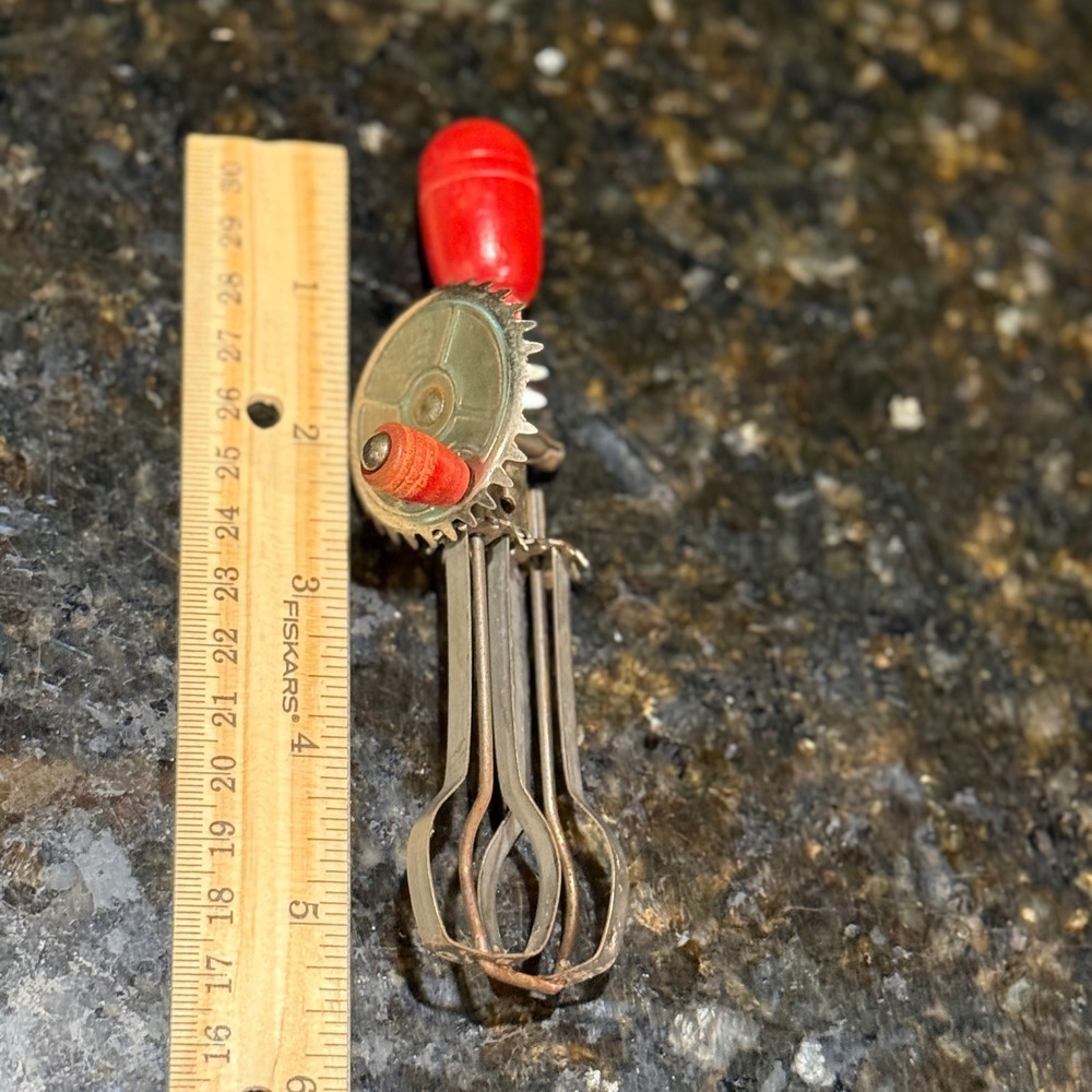 Vintage Betty Taplin Child's Toy Egg Beater Hand Mixer Red Wood Handle 1950s